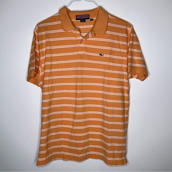 Vineyard Vines Medium Tangerine-White Striped Short Sleeve‎ Polo Shirt - Picture 4 of 5